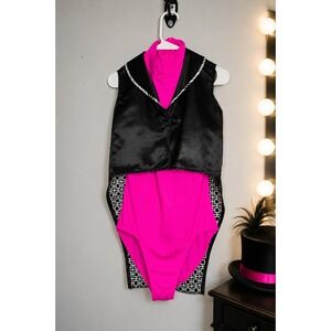 Weissman Hot Pink Dance Leotard and Black Satin Tuxedo Vest Costume Set Large